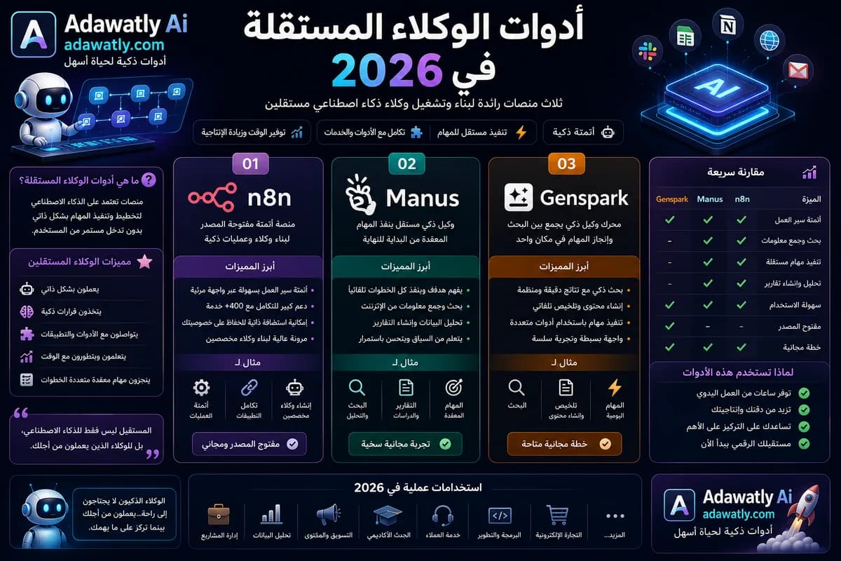 أدوات الوكلاء المستقلة في 2026: n8n وManus وGenspark