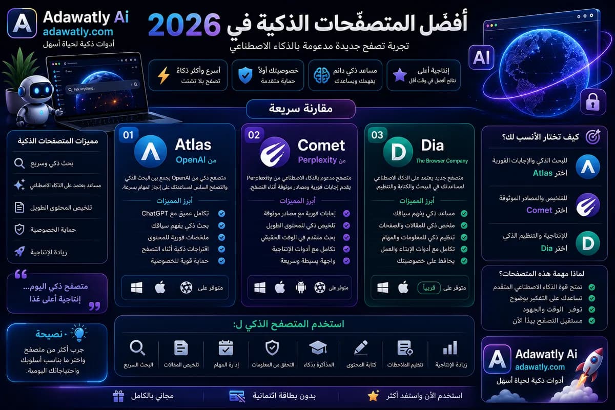 أفضل المتصفّحات الذكية في 2026: Atlas وComet وDia