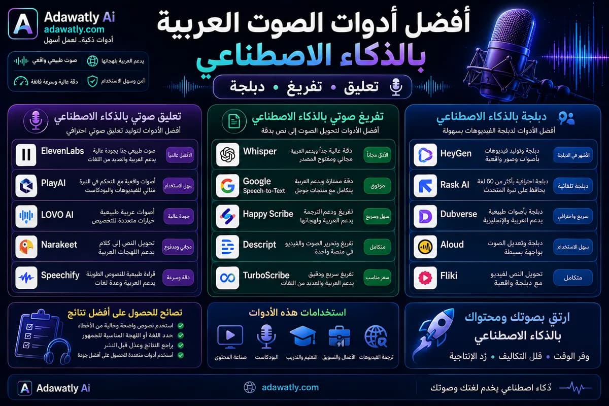 أفضل أدوات الصوت العربية بالذكاء الاصطناعي: تعليق وتفريغ ودبلجة